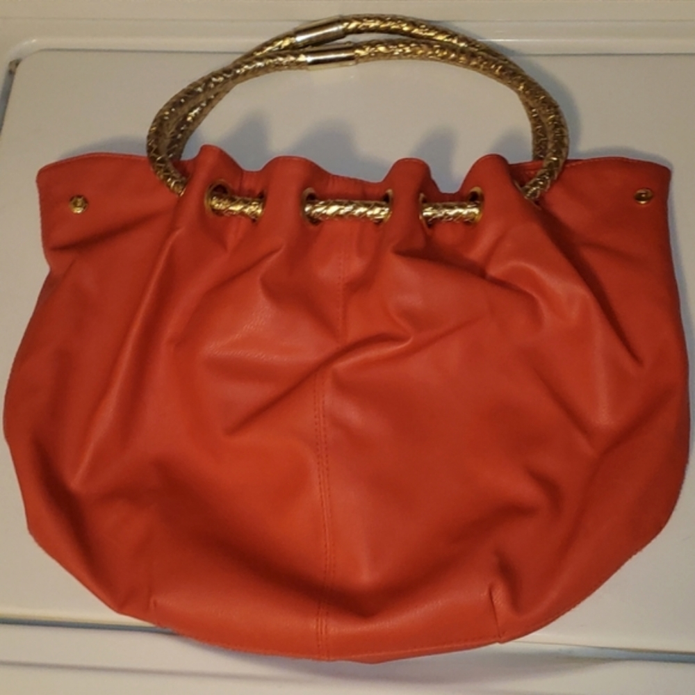 Coral Red Tote Purse with Gold Straps